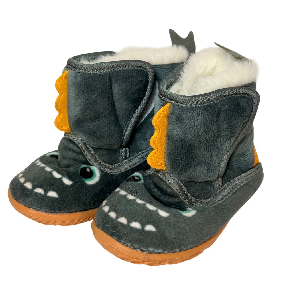 Toddler Grey Dinosaur Shark Faux Fur Lined Winter Boots Orange Accents 5.5 In